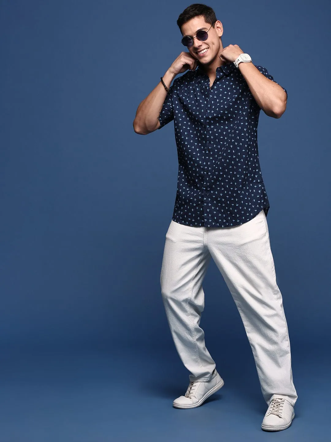 Men Navy Blue Printed Formal Shirt