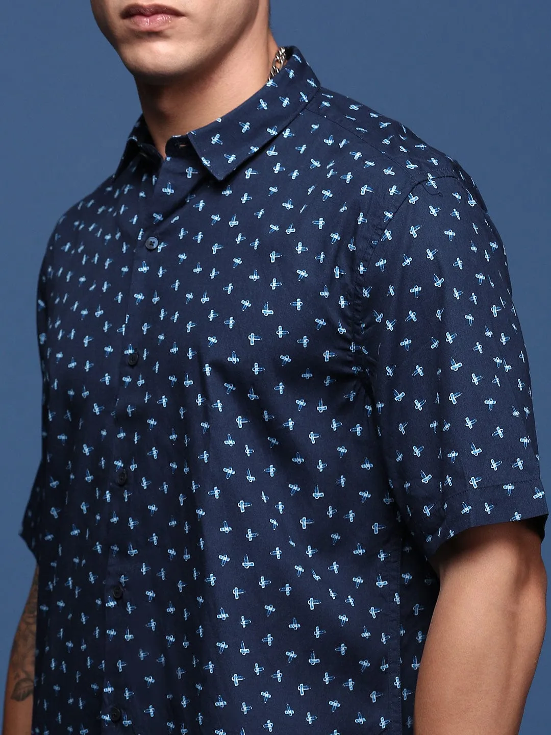 Men Navy Blue Printed Formal Shirt