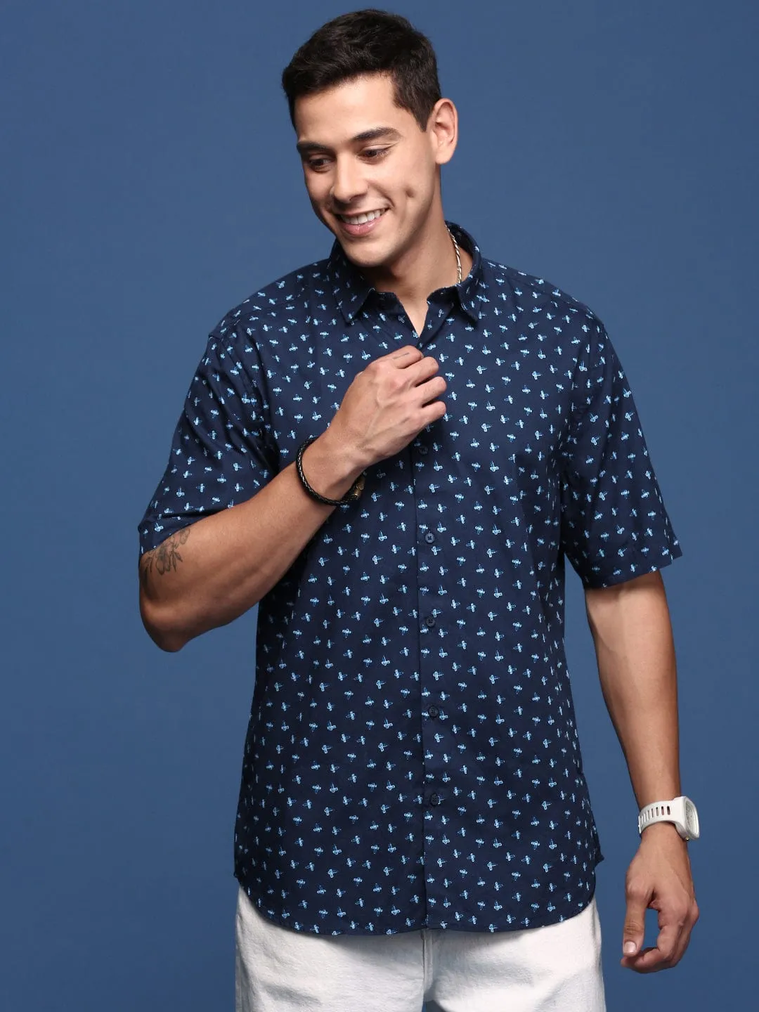 Men Navy Blue Printed Formal Shirt