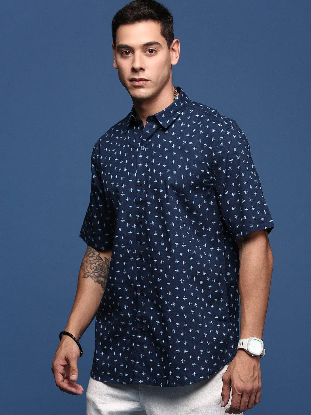 Men Navy Blue Printed Formal Shirt