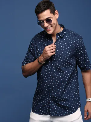 Men Navy Blue Printed Formal Shirt