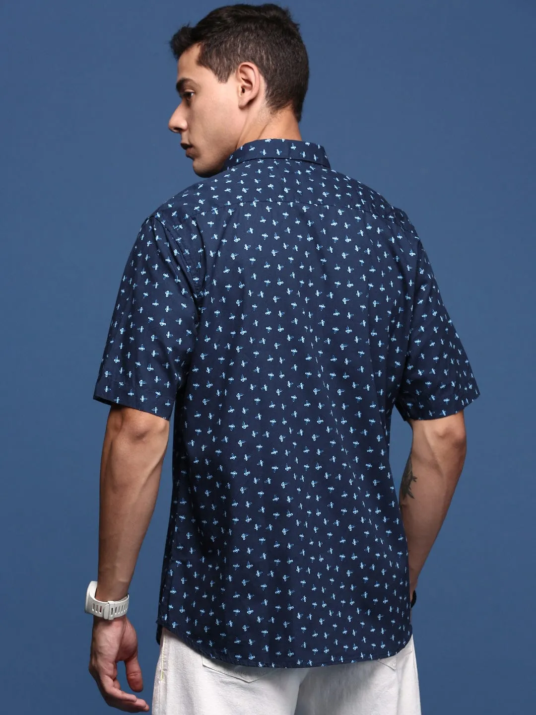 Men Navy Blue Printed Formal Shirt