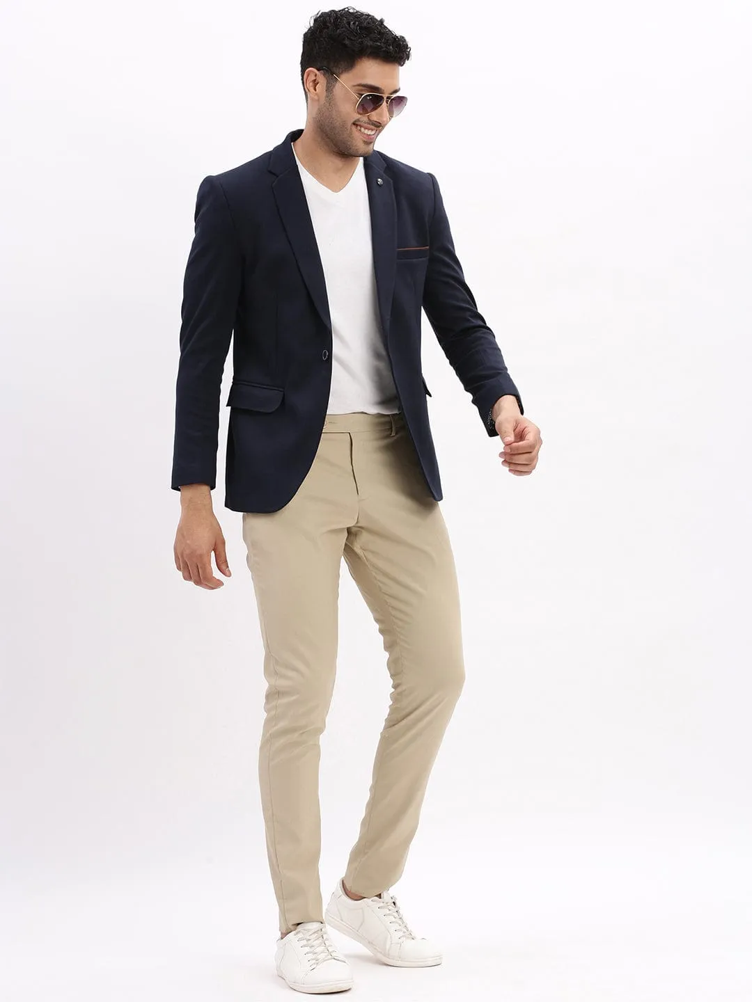 Men Navy Blue Slim-Fit Single Breasted Notched Lapel Collar Cotton Casual Blazer