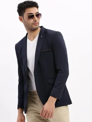 Men Navy Blue Slim-Fit Single Breasted Notched Lapel Collar Cotton Casual Blazer