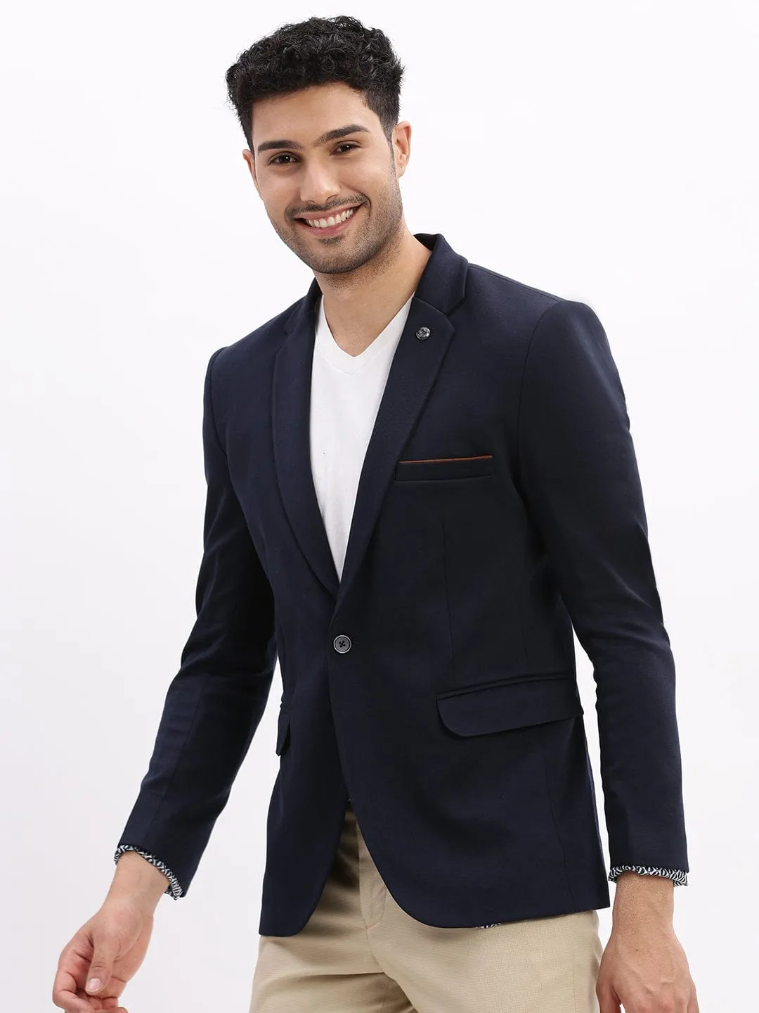 Men Navy Blue Slim-Fit Single Breasted Notched Lapel Collar Cotton Casual Blazer