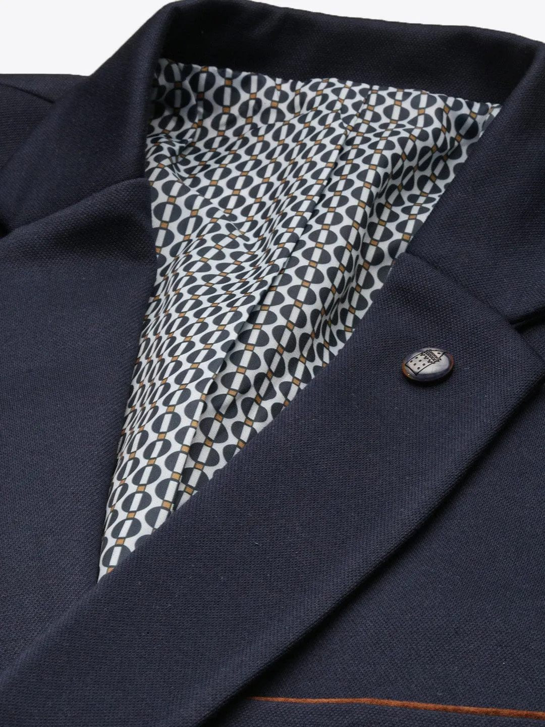 Men Navy Blue Slim-Fit Single Breasted Notched Lapel Collar Cotton Casual Blazer