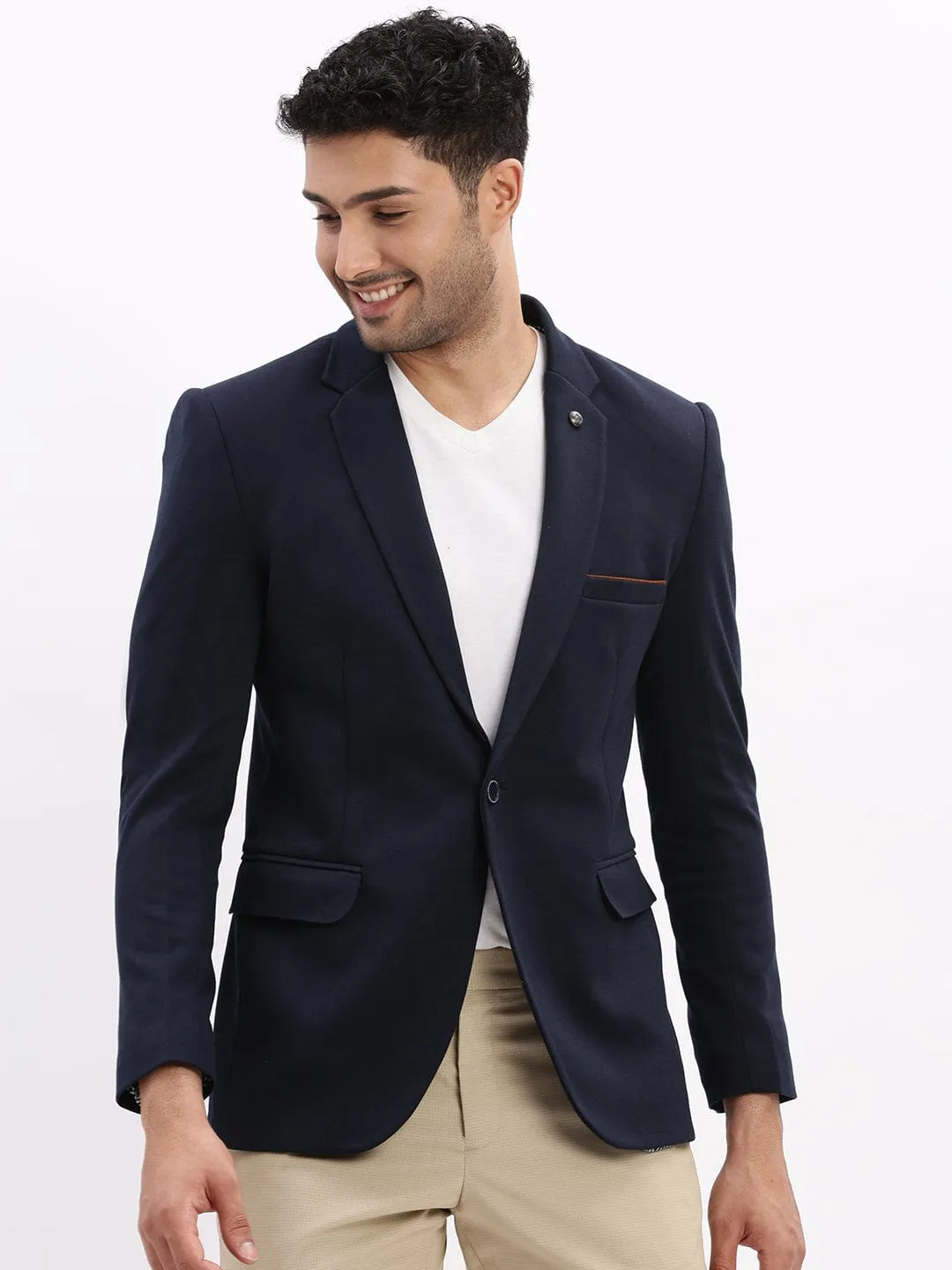 Men Navy Blue Slim-Fit Single Breasted Notched Lapel Collar Cotton Casual Blazer
