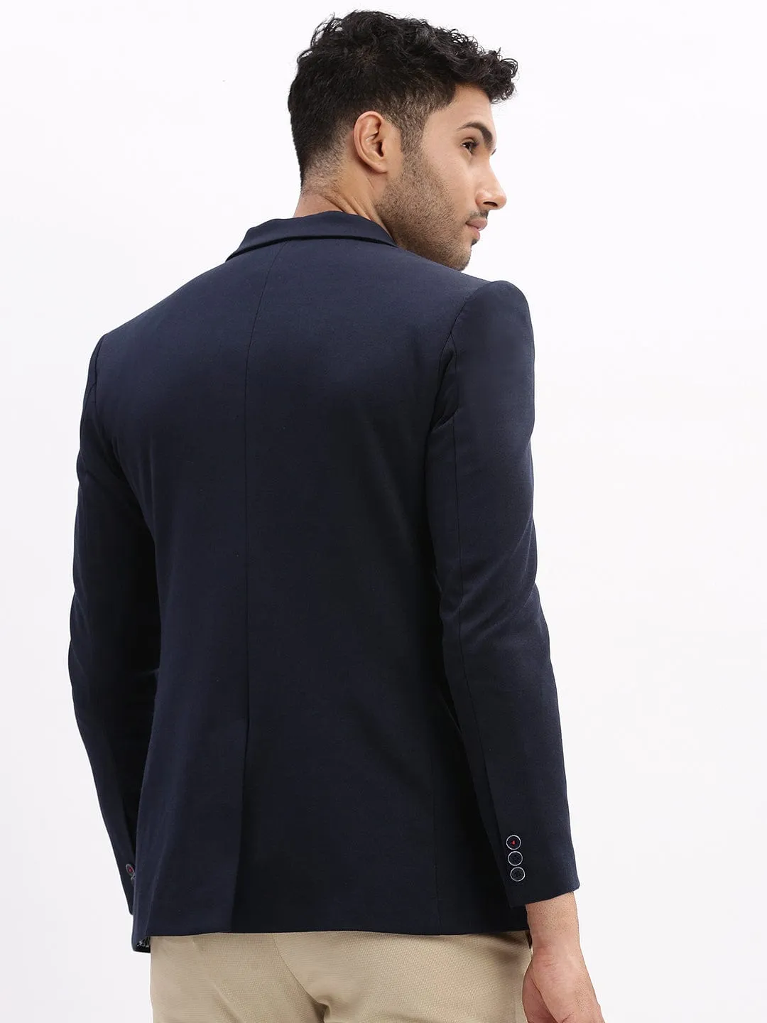 Men Navy Blue Slim-Fit Single Breasted Notched Lapel Collar Cotton Casual Blazer