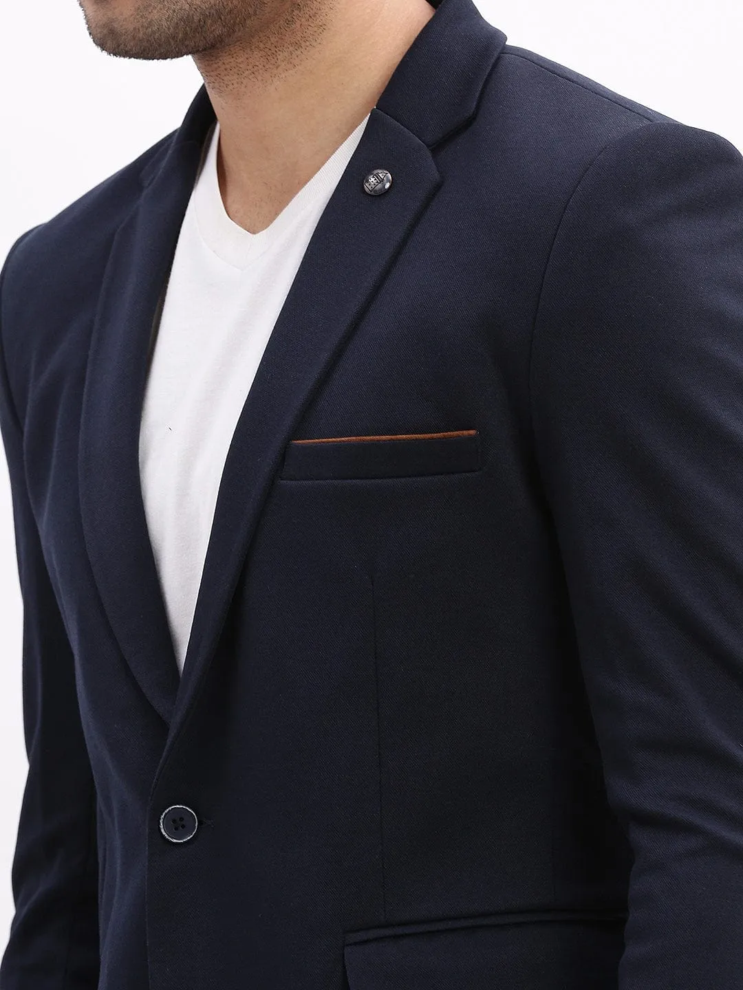 Men Navy Blue Slim-Fit Single Breasted Notched Lapel Collar Cotton Casual Blazer