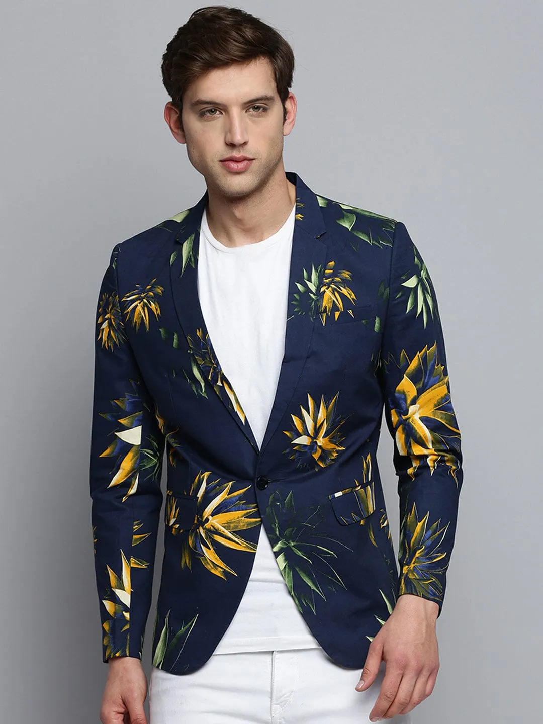 Men Notched Lapel Printed Navy Blue Blazer