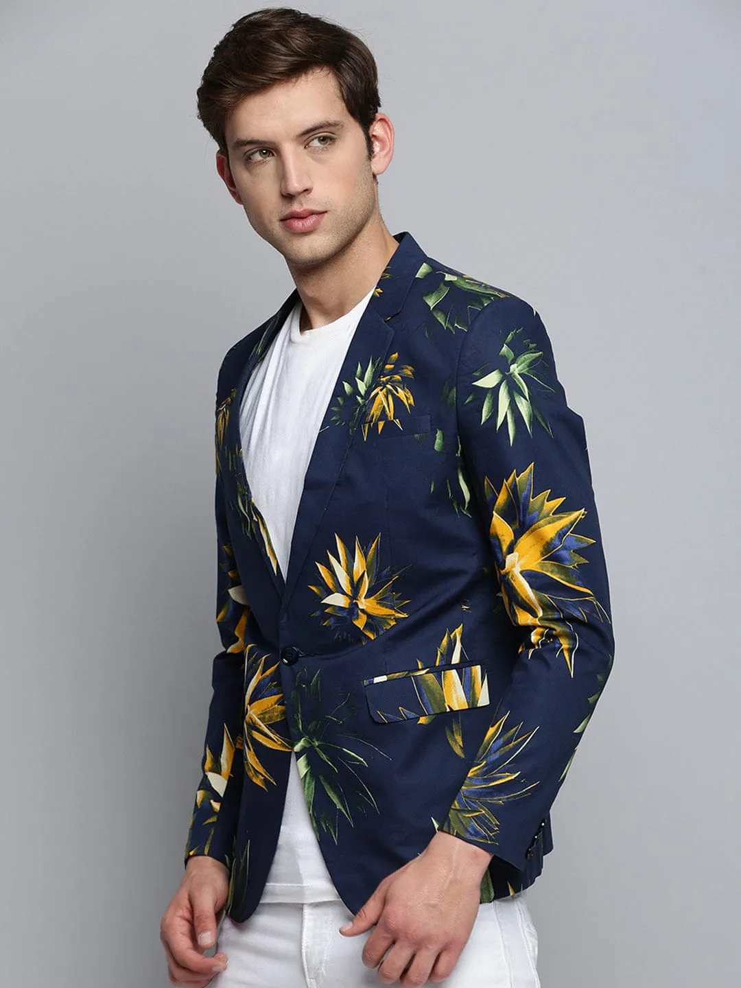 Men Notched Lapel Printed Navy Blue Blazer