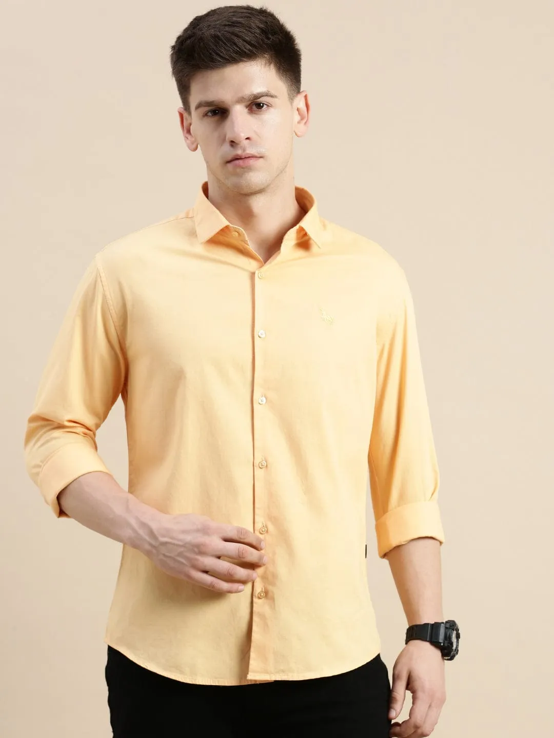 Men Orange Standard Slim Fit Opaque Cotton Casual Shirt