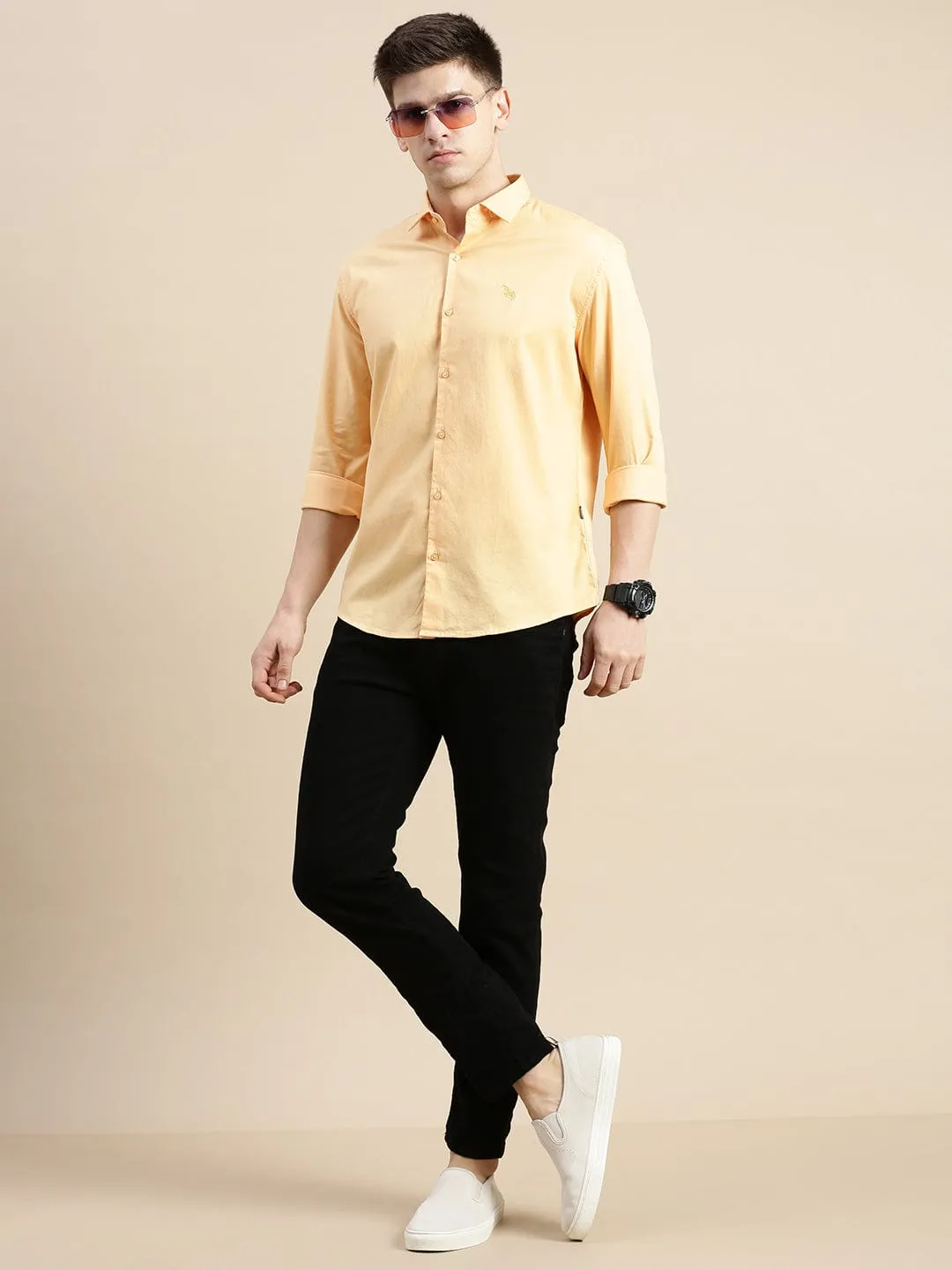 Men Orange Standard Slim Fit Opaque Cotton Casual Shirt