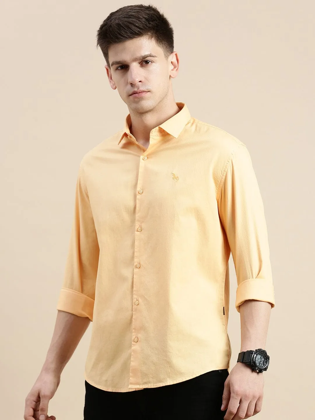 Men Orange Standard Slim Fit Opaque Cotton Casual Shirt