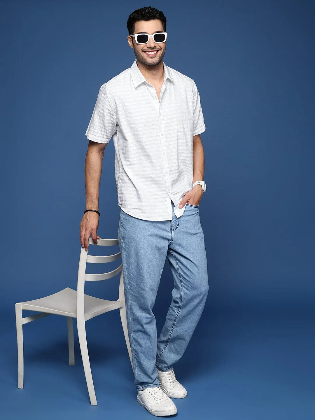 Men White Horizontal Striped Cotton Standard Slim Fit Casual Shirt