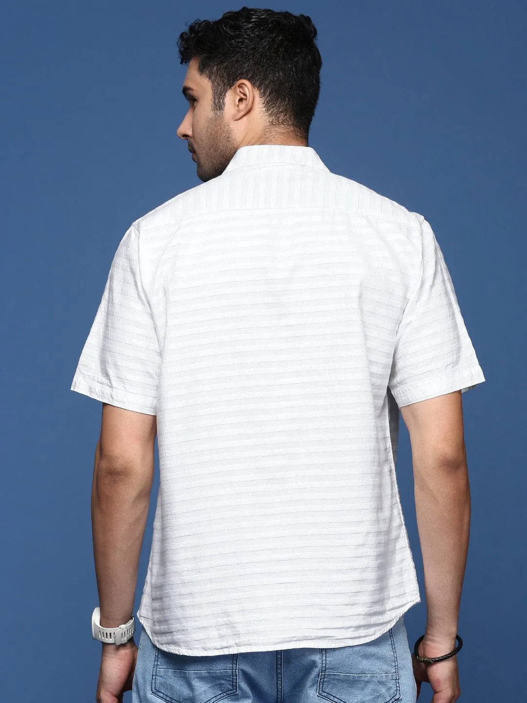 Men White Horizontal Striped Cotton Standard Slim Fit Casual Shirt