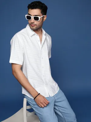 Men White Horizontal Striped Cotton Standard Slim Fit Casual Shirt