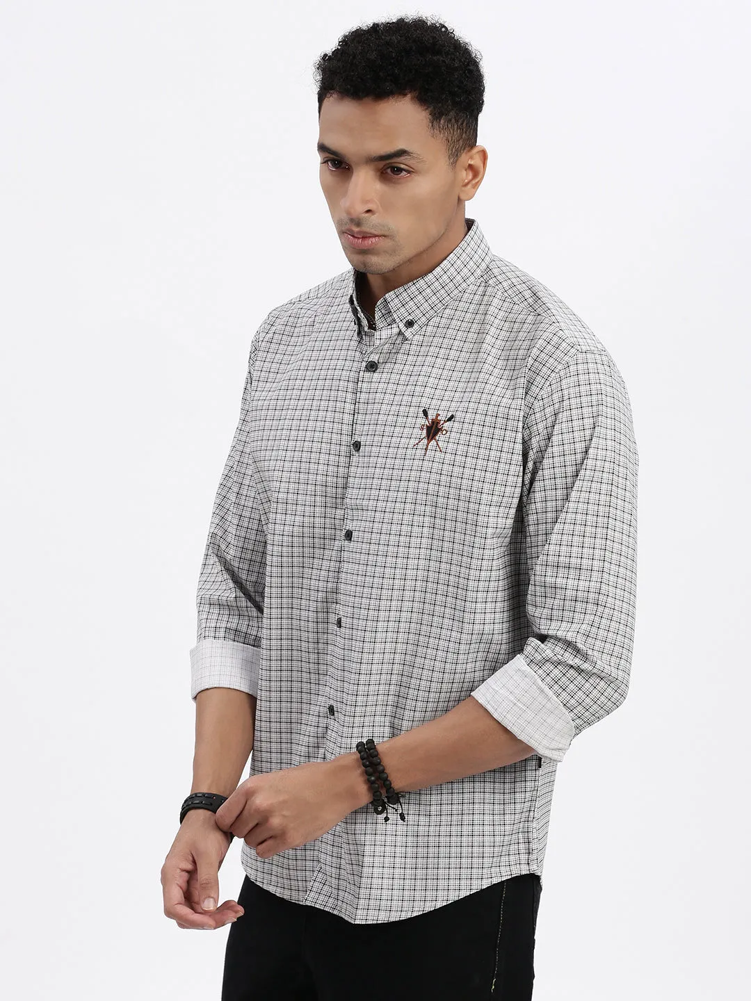Men White Standard Button-Down Collar Micro Checked Cotton Slim Fit Casual Shirt