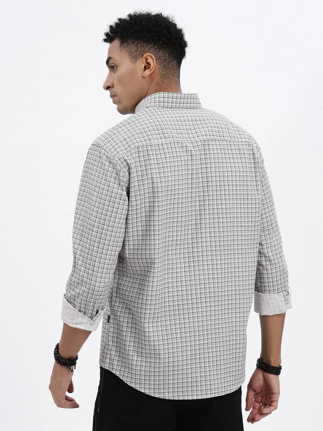 Men White Standard Button-Down Collar Micro Checked Cotton Slim Fit Casual Shirt