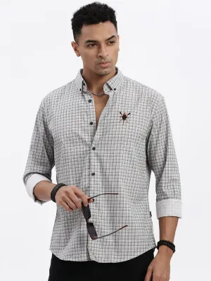 Men White Standard Button-Down Collar Micro Checked Cotton Slim Fit Casual Shirt