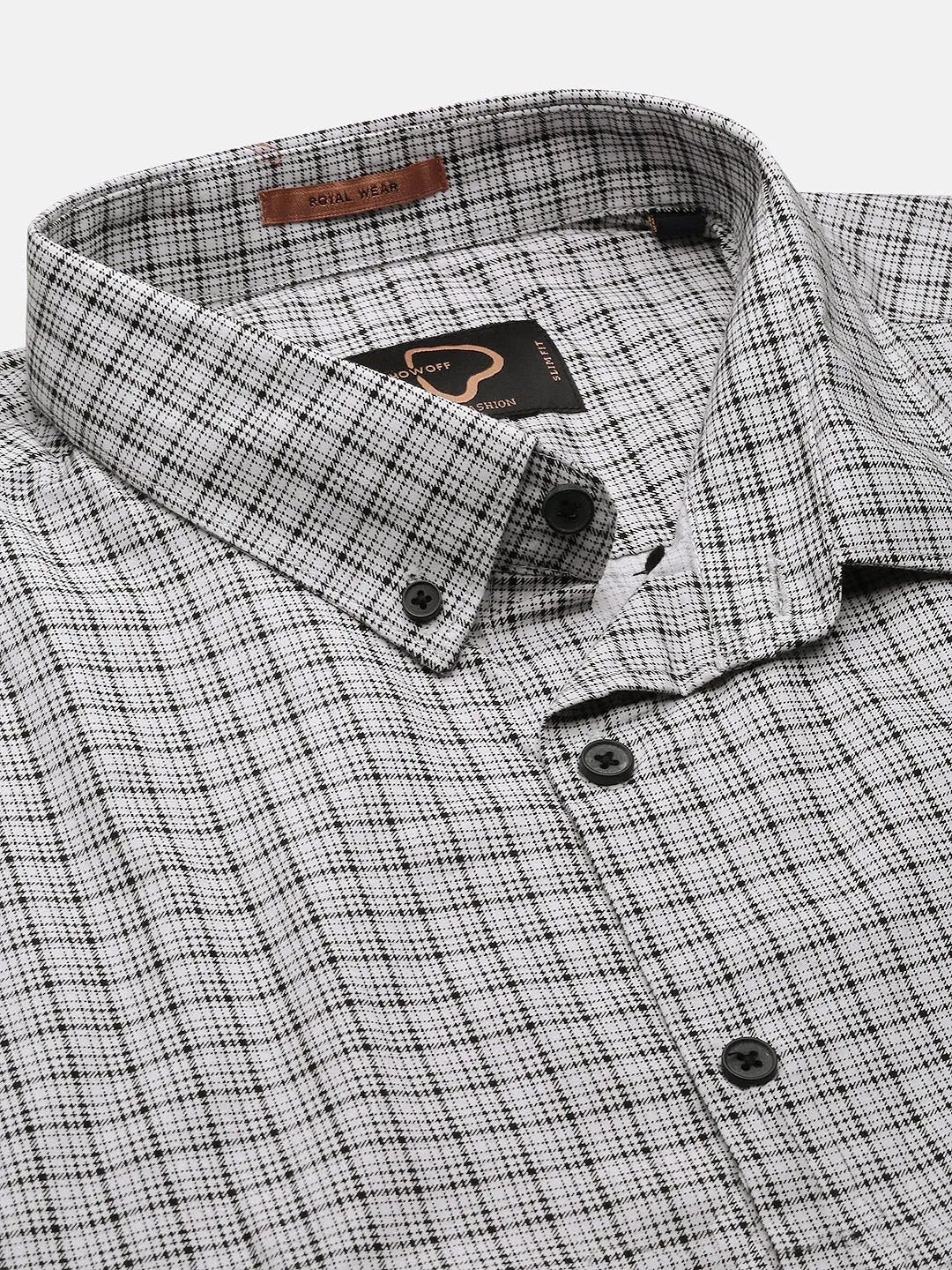 Men White Standard Button-Down Collar Micro Checked Cotton Slim Fit Casual Shirt
