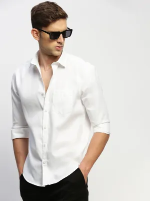 Men White Standard Slim Fit Oxford Weave Cotton Casual Shirt