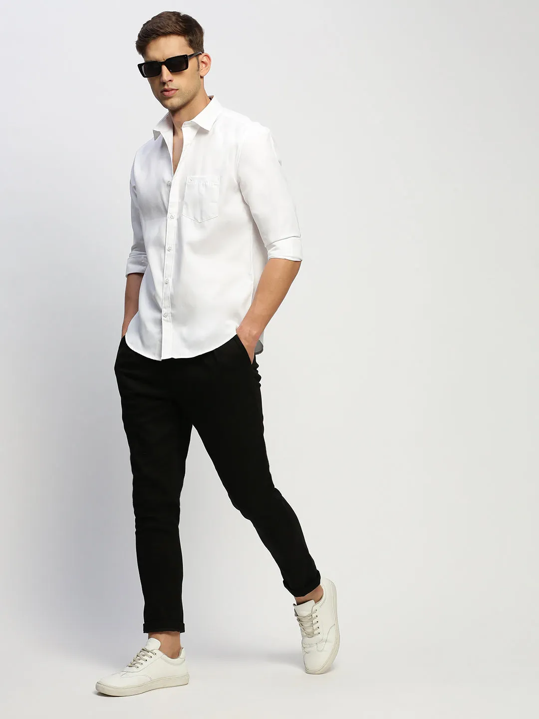 Men White Standard Slim Fit Oxford Weave Cotton Casual Shirt