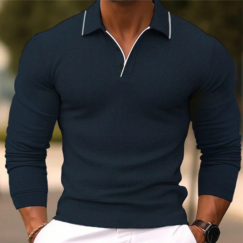 Men's Solid Color Lapel Slim Fit Long Sleeve Polo Shirt