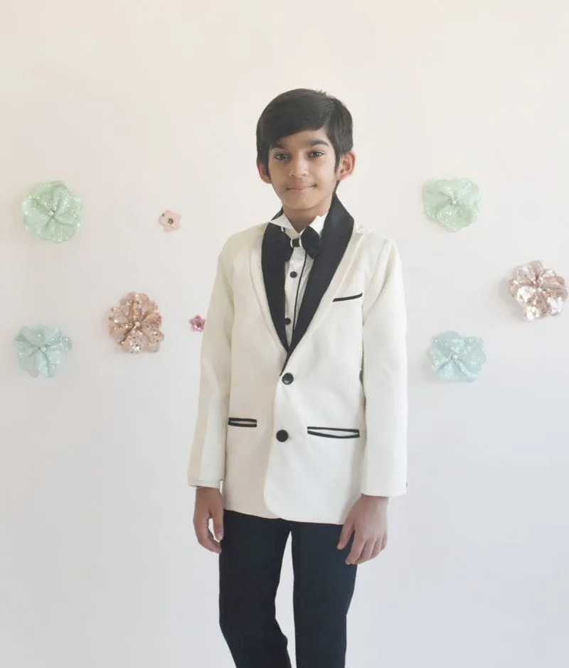 Off white Coat with Shirt and Black Pant for Boys
