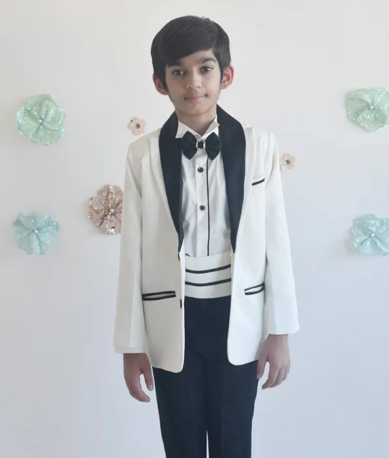 Off white Coat with Shirt and Black Pant for Boys