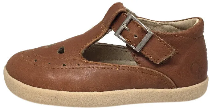 Old Soles Girl's Tea Shoe Tan Leather T-Strap Buckle Mary Jane Shoe