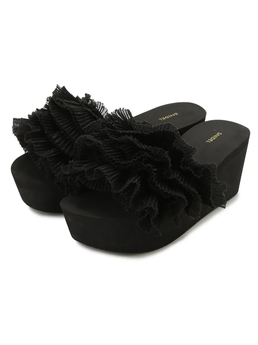Platform Wedge Sandals with Pleated Ruffle Straps