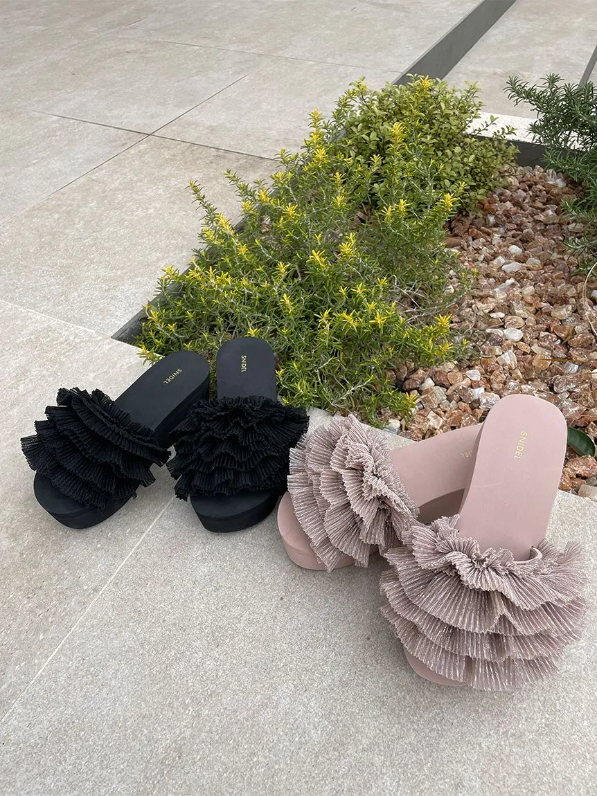 Platform Wedge Sandals with Pleated Ruffle Straps