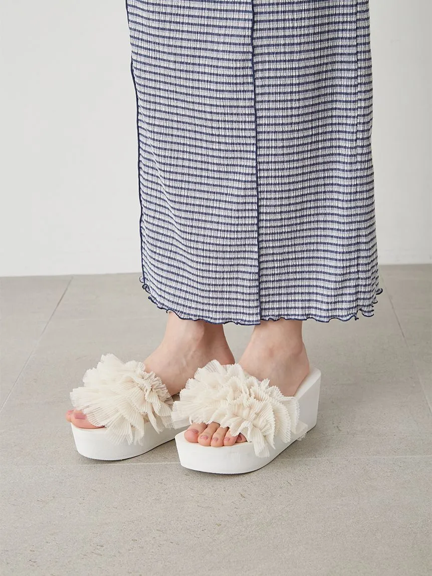 Platform Wedge Sandals with Pleated Ruffle Straps