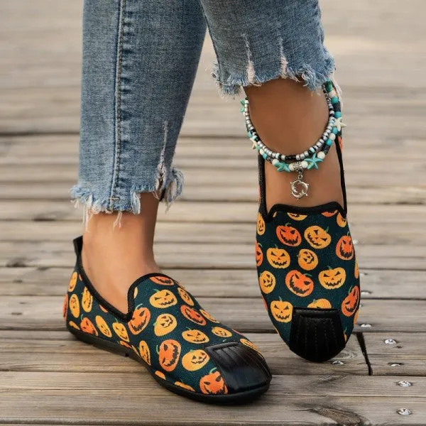 Purpdrank - Halloween Cream White Casual Patchwork Printing Round Comfortable Flats Shoes