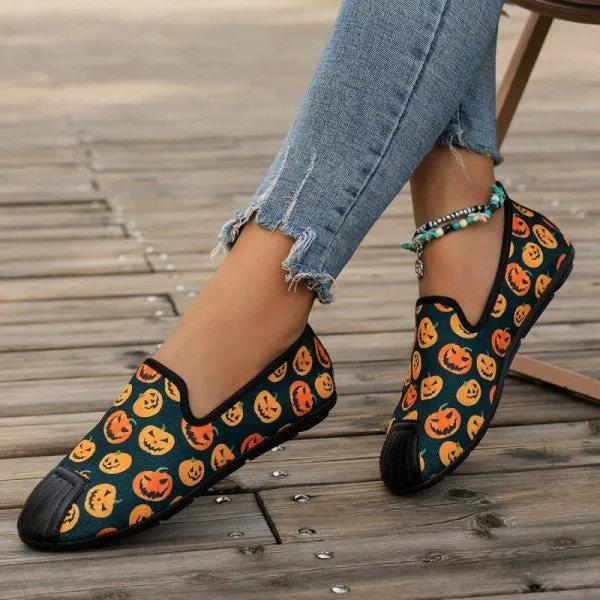 Purpdrank - Halloween Cream White Casual Patchwork Printing Round Comfortable Flats Shoes