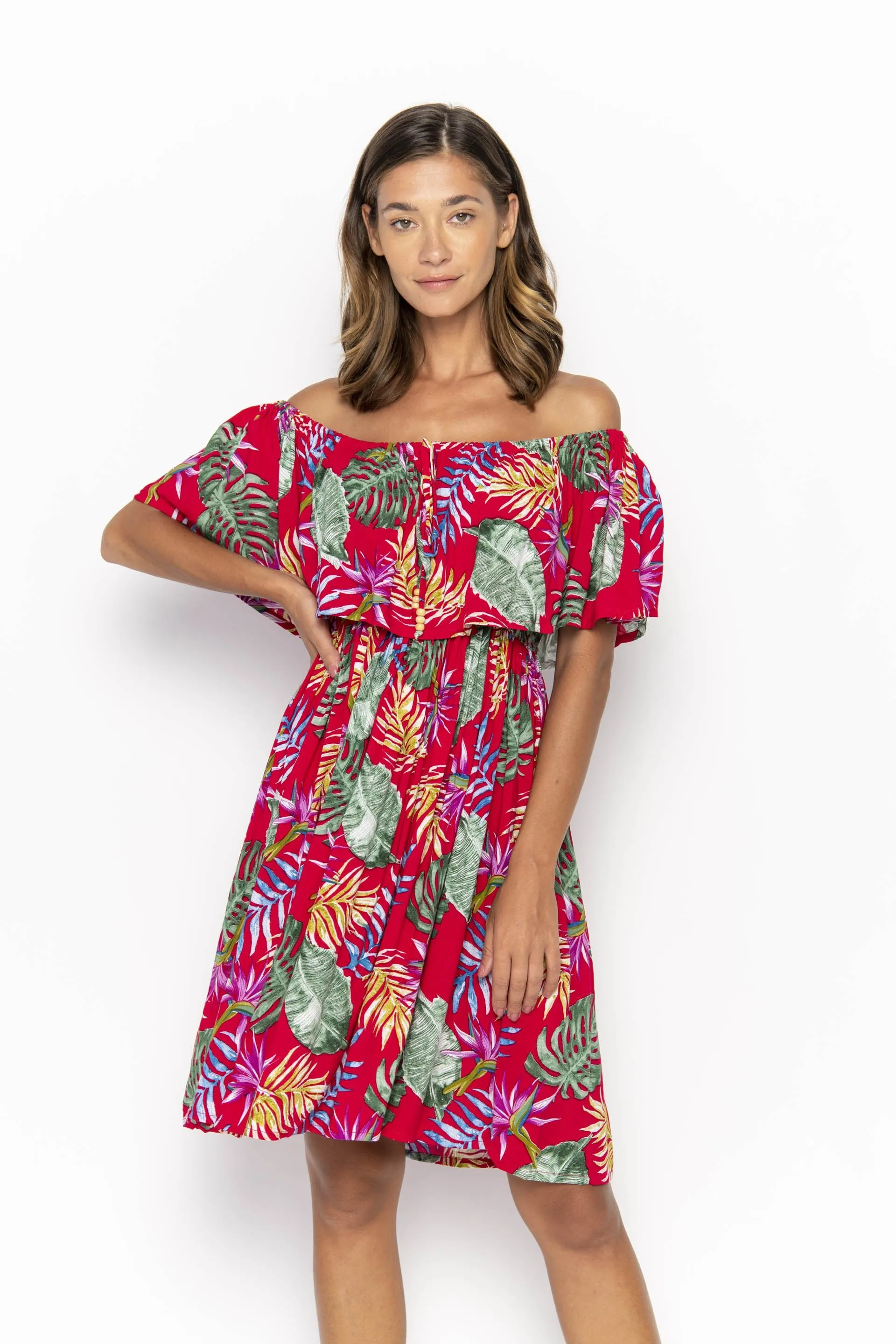 Safia, Tropical Monstera Red, Mini Dress