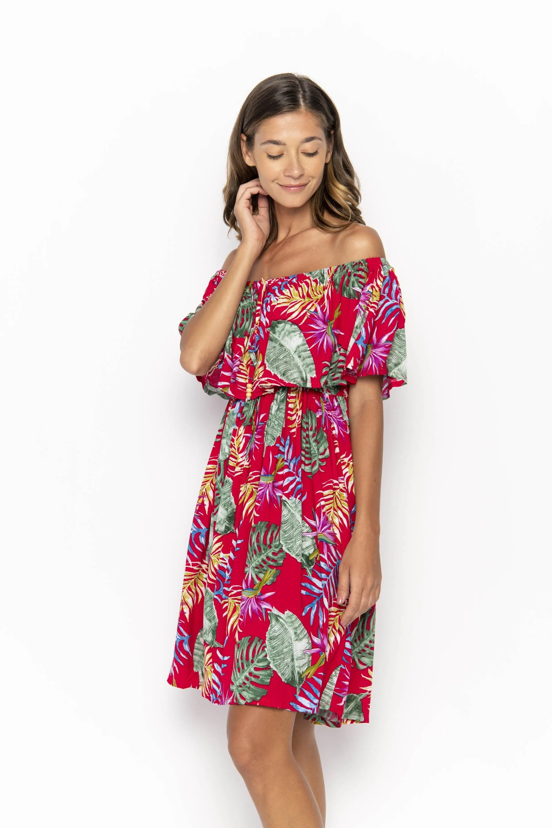 Safia, Tropical Monstera Red, Mini Dress
