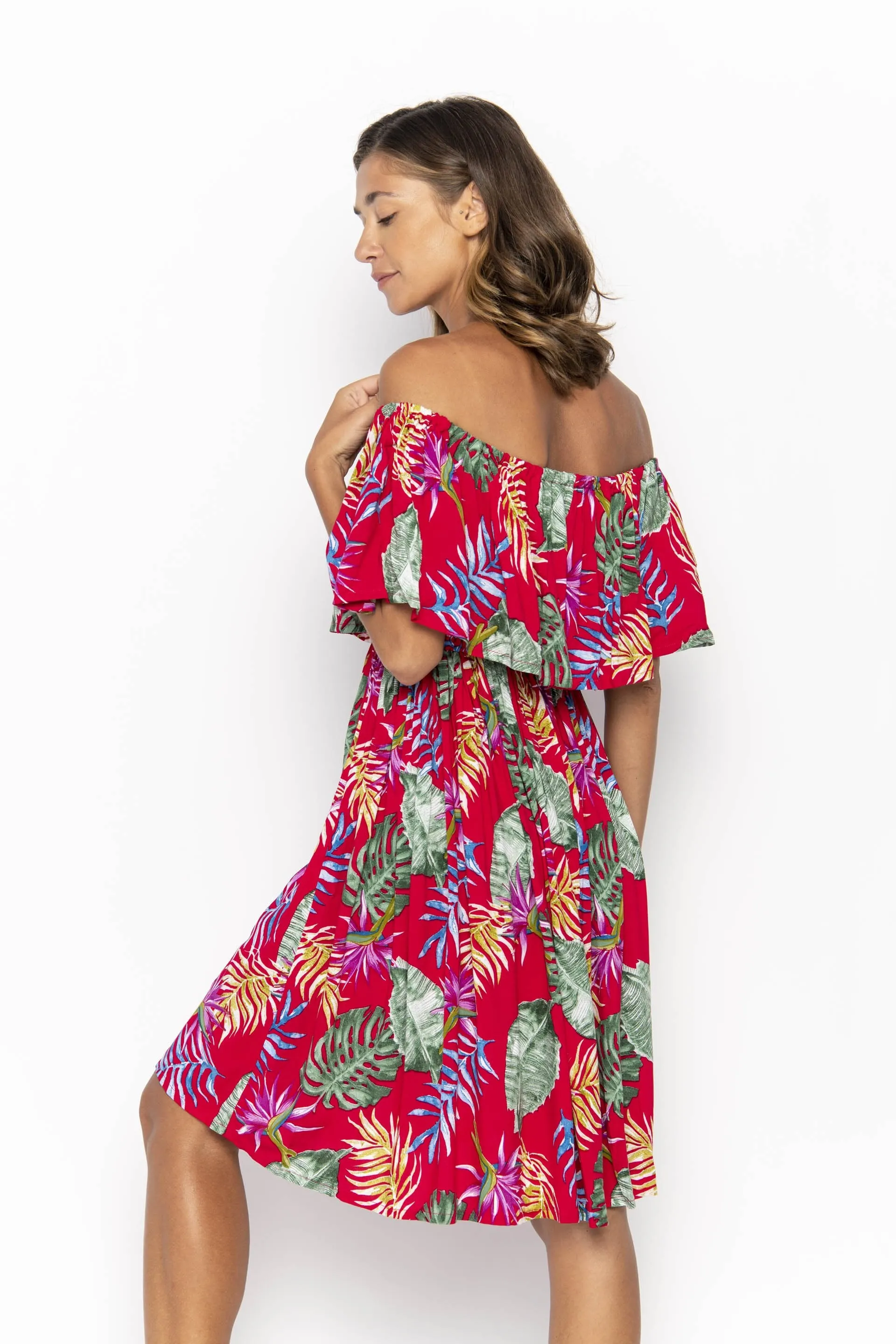 Safia, Tropical Monstera Red, Mini Dress