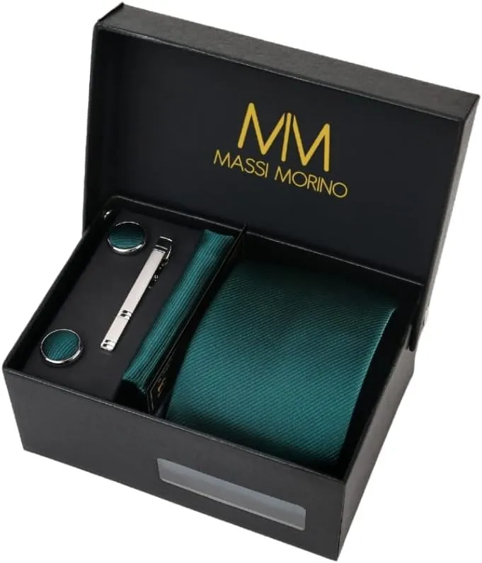 Ties for Men Set with Pocket Square Cufflink and Tie Clip | Necktie Handkerchief in Gift Box for Wedding and Business