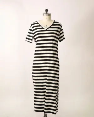 V-Neck Short Sleeve Striped Maxi - Black/White