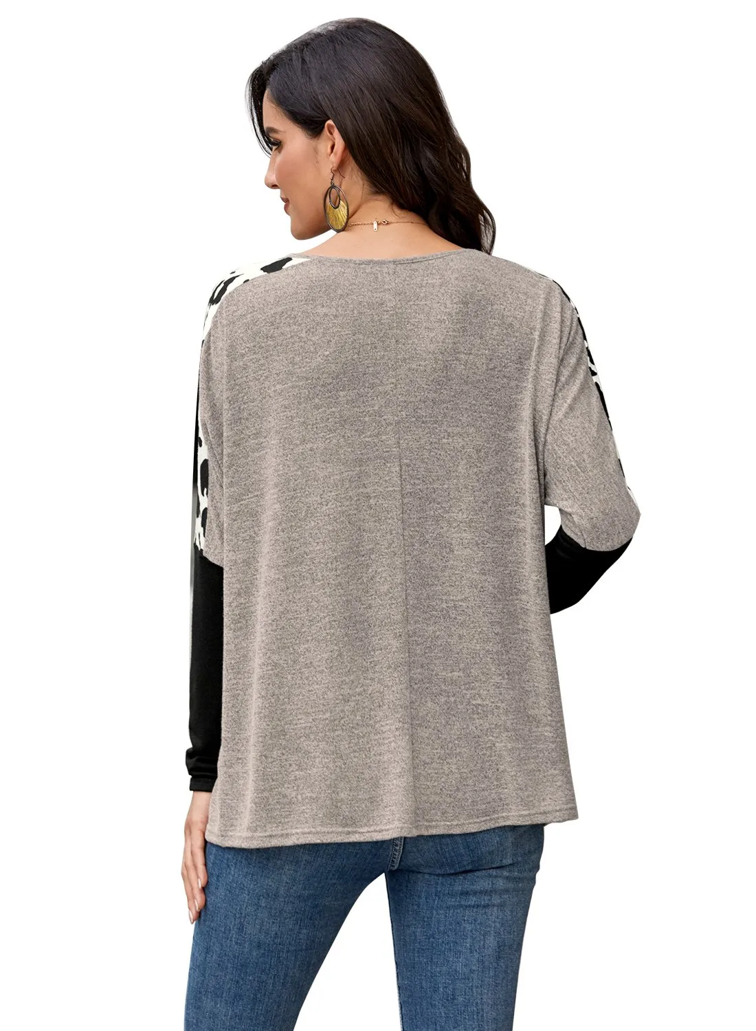 Women's Leopard Print Color Block Round Neck Long Sleeve Shirts