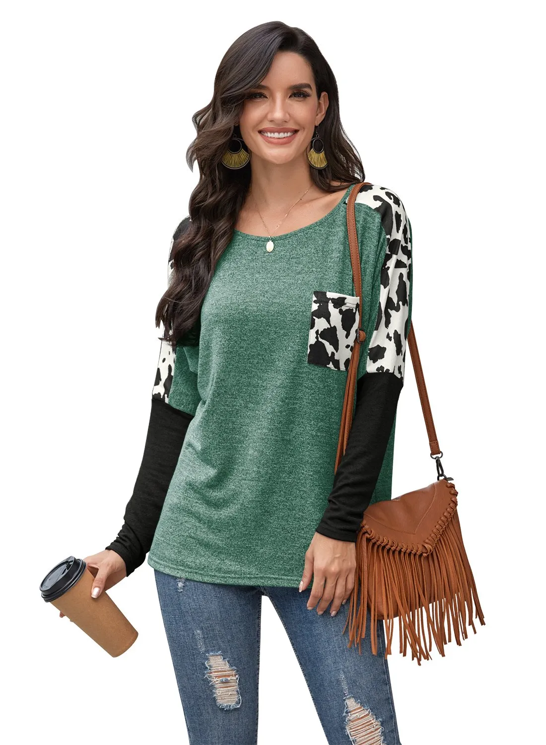 Women's Leopard Print Color Block Round Neck Long Sleeve Shirts