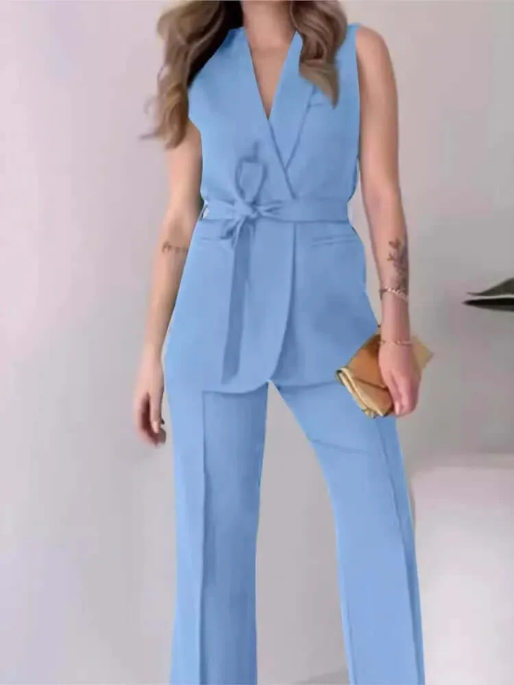 Women's Sleeveless Blazer Suit: Tailored Fit, V-Neck, High-Waisted Trousers
