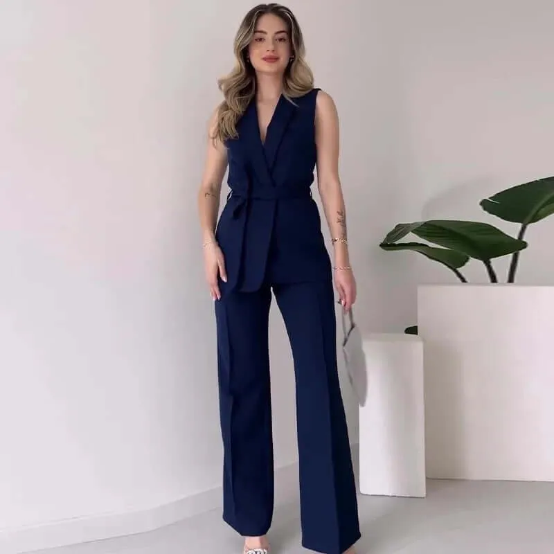 Women's Sleeveless Blazer Suit: Tailored Fit, V-Neck, High-Waisted Trousers