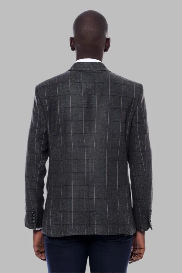WSS Checked Peak Lapel Slim-Fit Dark Grey Men Blazer  - Singen
