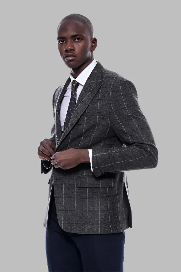 WSS Checked Peak Lapel Slim-Fit Dark Grey Men Blazer  - Singen
