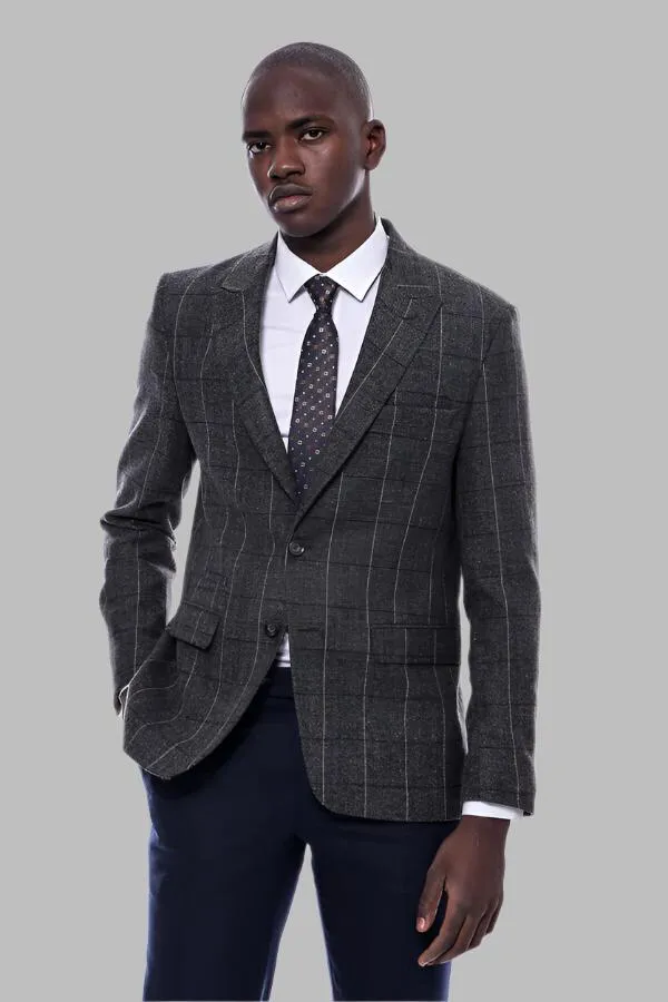 WSS Checked Peak Lapel Slim-Fit Dark Grey Men Blazer  - Singen